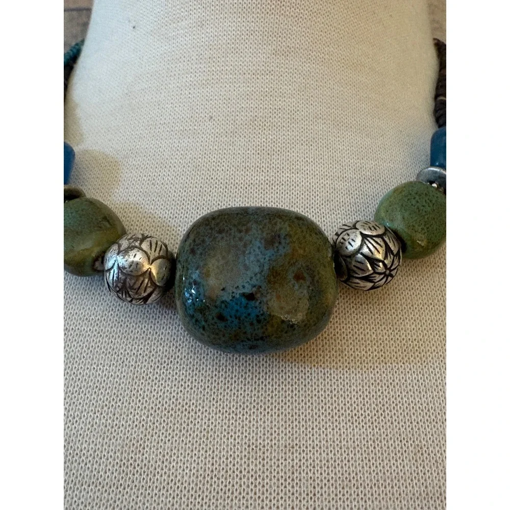 Coldwater Creek Multi-Strand Beaded Necklace Green Blue Ceramic Silver Boho